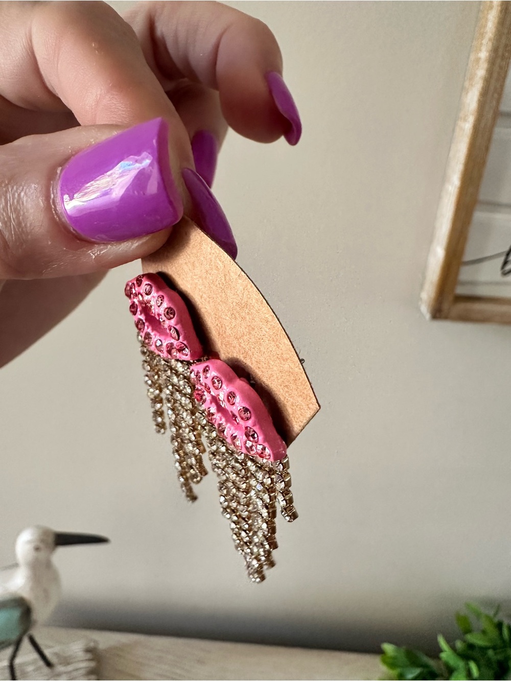 Pink Lip Kiss Rhinestone Fringe Earrings - Picture 6 of 6